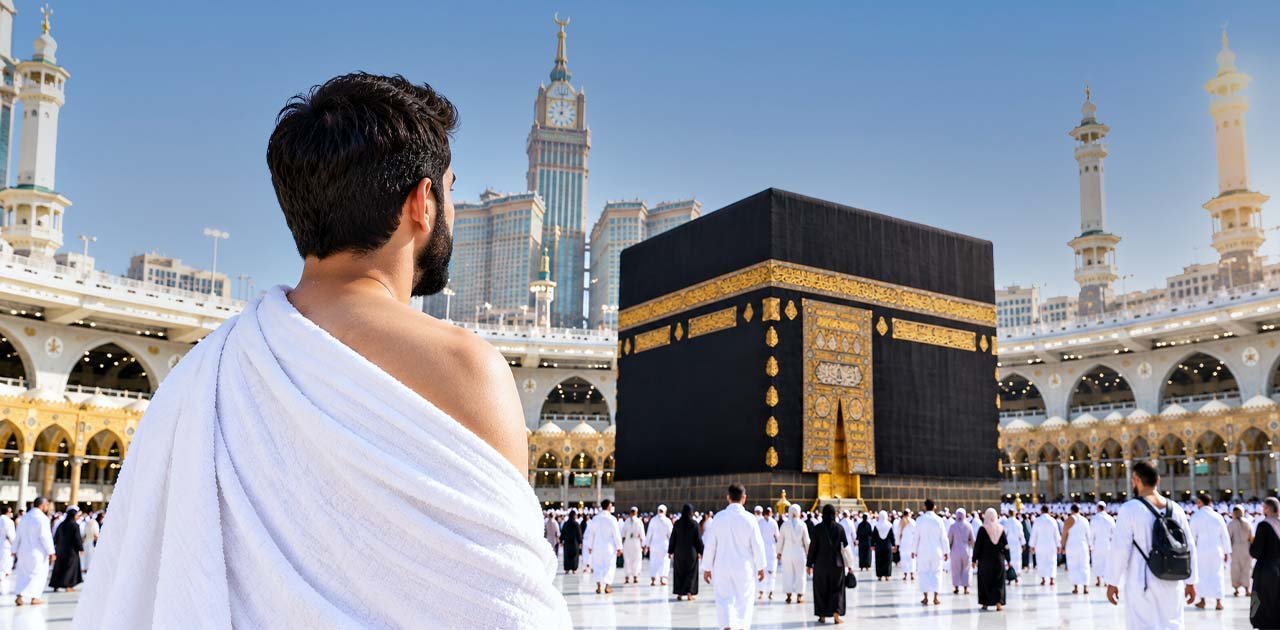 Muslim pilgrim wearing white Ihram garments before Umrah